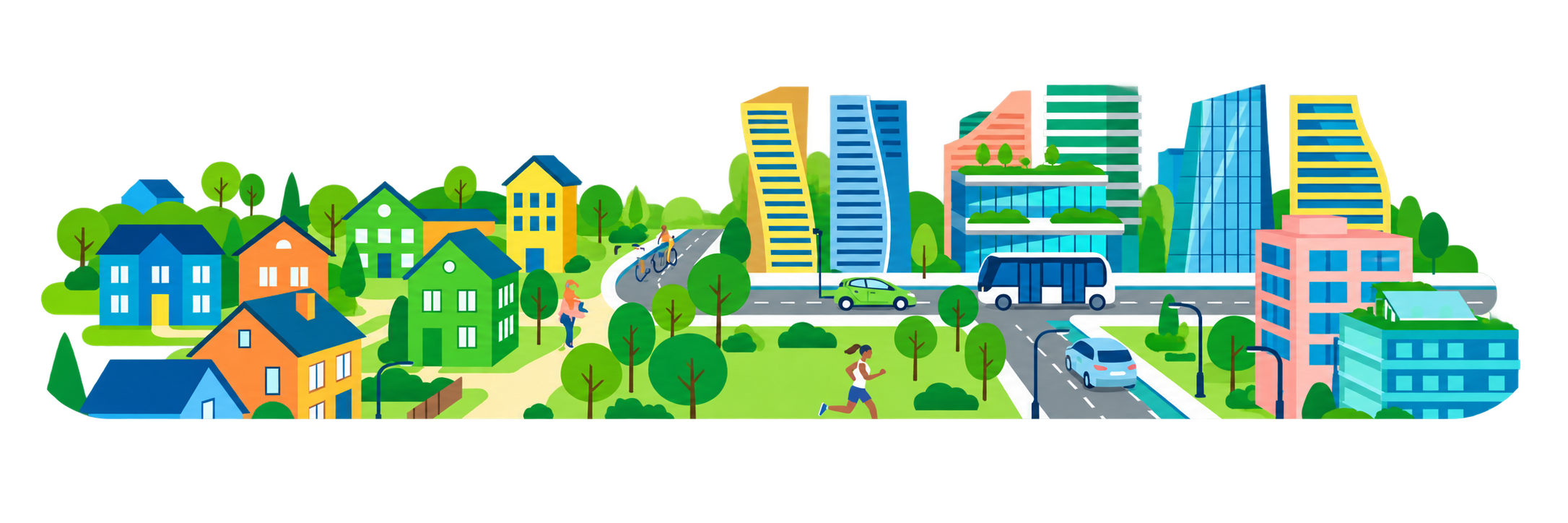 住宅街と都市の街並みを描いたイラスト