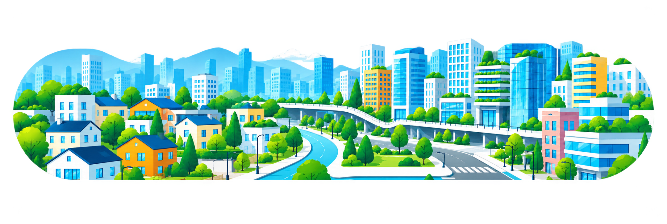 住宅街と都市の街並みを描いたイラスト