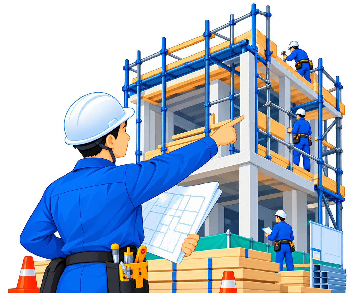 建設現場で作業を監理するスタッフのイラスト