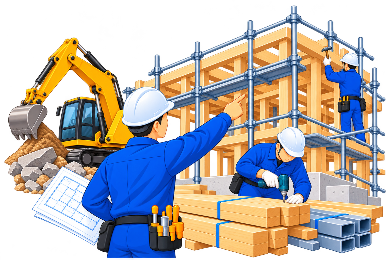 建設現場で作業を監理するスタッフのイラスト